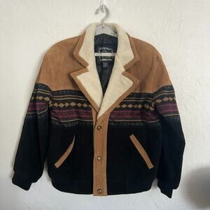 VTG Men's M Western Heritage Sherpa Lining Bomber Style Suede Tan Black Coat